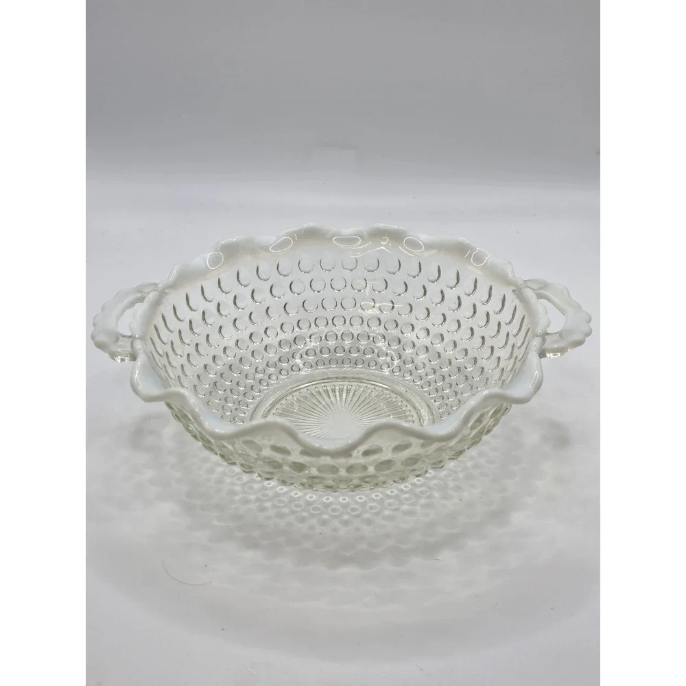 Opalescent Hobnail Glass Bowl with Handles and Ruffled Edge